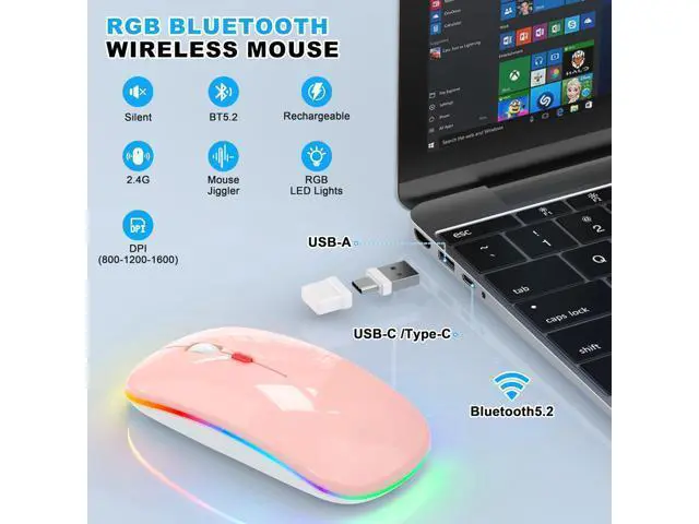 Alt view image 2 of 5 - LED Bluetooth Wireless Mouse for MacBook Air/Pro, Laptop, iPad Rechargeable Silent Light-Up Slim Mouse, Optical Dual Mode BT5.2 & USB-A/USB-C for Students, Kids, Girls, Boys Baby Pink