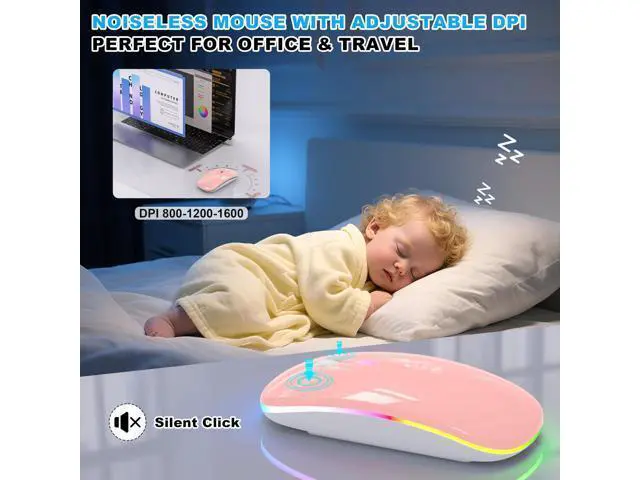 Alt view image 5 of 5 - LED Bluetooth Wireless Mouse for MacBook Air/Pro, Laptop, iPad Rechargeable Silent Light-Up Slim Mouse, Optical Dual Mode BT5.2 & USB-A/USB-C for Students, Kids, Girls, Boys Baby Pink