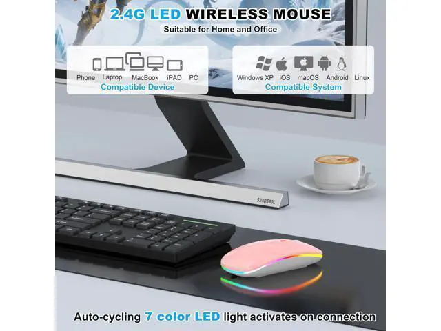 Alt view image 4 of 5 - LED Bluetooth Wireless Mouse for MacBook Air/Pro, Laptop, iPad Rechargeable Silent Light-Up Slim Mouse, Optical Dual Mode BT5.2 & USB-A/USB-C for Students, Kids, Girls, Boys Baby Pink