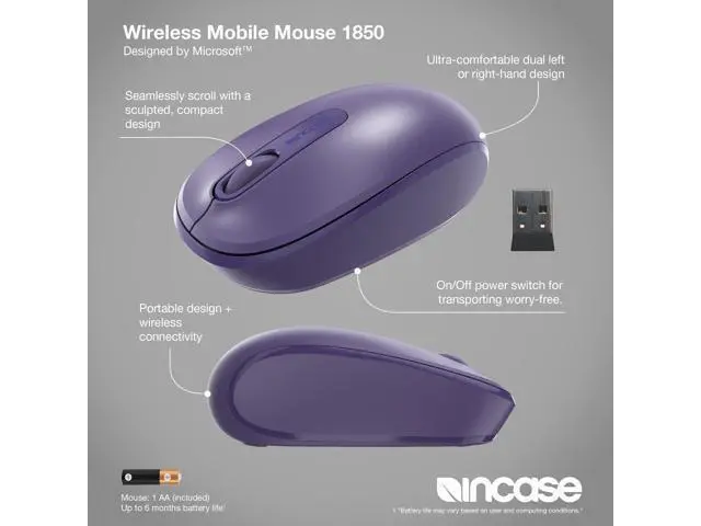 Alt view image 2 of 5 - Incase Wireless Mobile Mouse 1850 Designed by Microsoft Compact, Comfortable, Right/Left Hand Use, 6-Month Battery Life, Nano Transceiver, Works with Mac/Windows 8/10/11 (Purple)