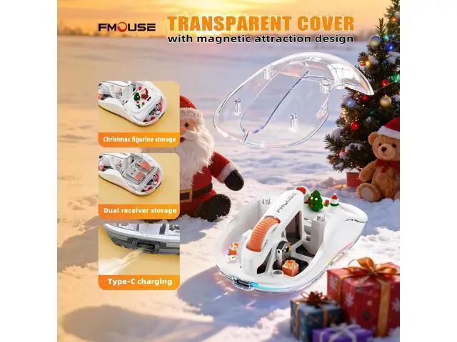 Alt view image 2 of 5 - FMOUSE Christmas Special Edition: White Transparent Wireless Mouse - Tri-Mode (Bluetooth+2.4GHz), USB-C for MacBook/PC, Rechargeable Silent with Santa Claus Doll