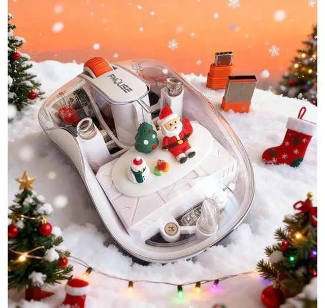 Main image of FMOUSE Christmas Special Edition: White Transparent Wireless Mouse - Tri-Mode (Bluetooth+2.4GHz), USB-C for MacBook/PC, Rechargeable Silent with Santa Claus Doll