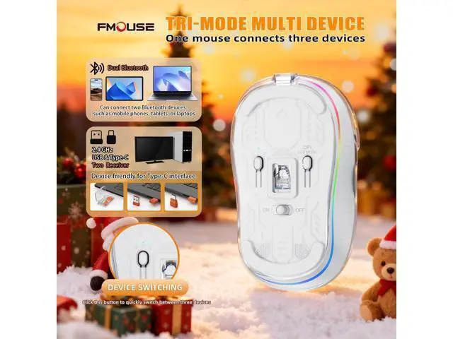 Alt view image 3 of 5 - FMOUSE Christmas Special Edition: White Transparent Wireless Mouse - Tri-Mode (Bluetooth+2.4GHz), USB-C for MacBook/PC, Rechargeable Silent with Santa Claus Doll