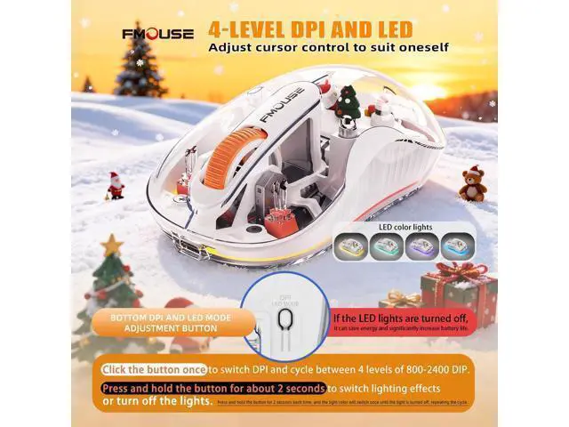 Alt view image 5 of 5 - FMOUSE Christmas Special Edition: White Transparent Wireless Mouse - Tri-Mode (Bluetooth+2.4GHz), USB-C for MacBook/PC, Rechargeable Silent with Santa Claus Doll