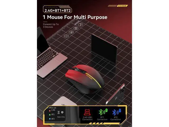 Alt view image 4 of 5 - RAPIQUE Bluetooth Wireless Mouse - (BT1/BT2+USB) Tri-Mode High Performance, Rechargeable, Multi-Device Compatible with PC/Laptop/Computer/MacBook/iPad Air Pro (Red Gradient)
