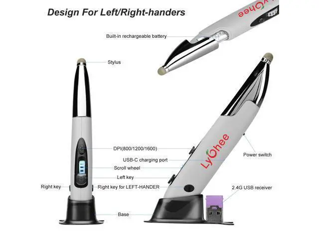 Alt view image 3 of 5 - lychee Pocket Pen Mouse Rechargeable, Left/Right-Handed Optical Ergonomic Mouse with Bluetooth and Stylus Function (Grey)