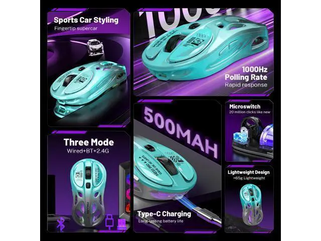 Alt view image 2 of 5 - M235 Wireless Gaming Mouse, 65g Ultra-Lightweight, Hollowed-Out Sports Car Design, 4800 DPI, Tri-Mode (2.4G/BT/Wired), 8 Programmable Buttons, RGB Lighting, 1000Hz Polling Rate (Seafoam Gray)