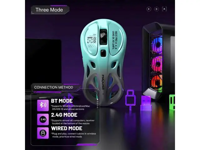 Alt view image 4 of 5 - M235 Wireless Gaming Mouse, 65g Ultra-Lightweight, Hollowed-Out Sports Car Design, 4800 DPI, Tri-Mode (2.4G/BT/Wired), 8 Programmable Buttons, RGB Lighting, 1000Hz Polling Rate (Seafoam Gray)