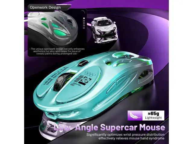 Alt view image 3 of 5 - M235 Wireless Gaming Mouse, 65g Ultra-Lightweight, Hollowed-Out Sports Car Design, 4800 DPI, Tri-Mode (2.4G/BT/Wired), 8 Programmable Buttons, RGB Lighting, 1000Hz Polling Rate (Seafoam Gray)