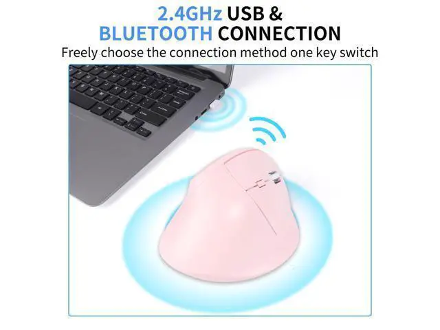 Alt view image 2 of 5 - Ergonomic Mouse Bluetooth for Mac,Wireless Vertical Mouse Dual Mode (Bluetooth&USB),Rechargeable Optical Tracking Quiet Clicks Mice with USB Receiver 6 Buttons for PC/Laptop/Windows/ipad-pink