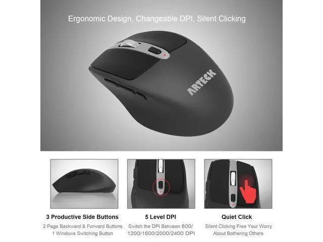 Alt view image 2 of 5 - Arteck Wireless Mouse, 2.4G USB Wireless Ergonomic Optical Mouse, with Nano USB Receiver Silent Clicking Side Switch Buttons for Computer/Desktop/PC/Laptop and Windows 11/10 Rechargeable Battery