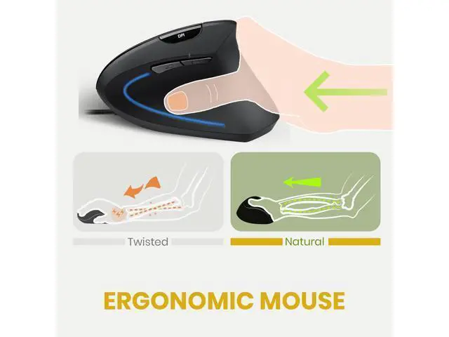 Alt view image 3 of 5 - Perixx PERIMICE-513 Wired Ergonomic Vertical Mouse - 6 Buttons with 1000/1600/3200/6400 DPI - Right-Handed Design - Wired USB 5.9ft Cable - Black