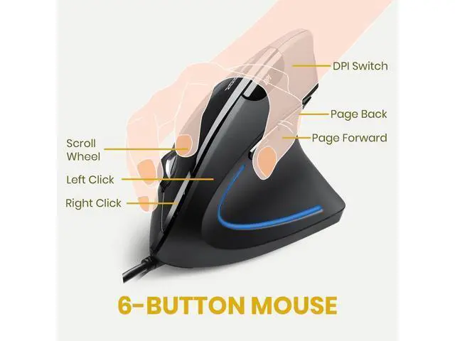 Alt view image 2 of 5 - Perixx PERIMICE-513 Wired Ergonomic Vertical Mouse - 6 Buttons with 1000/1600/3200/6400 DPI - Right-Handed Design - Wired USB 5.9ft Cable - Black