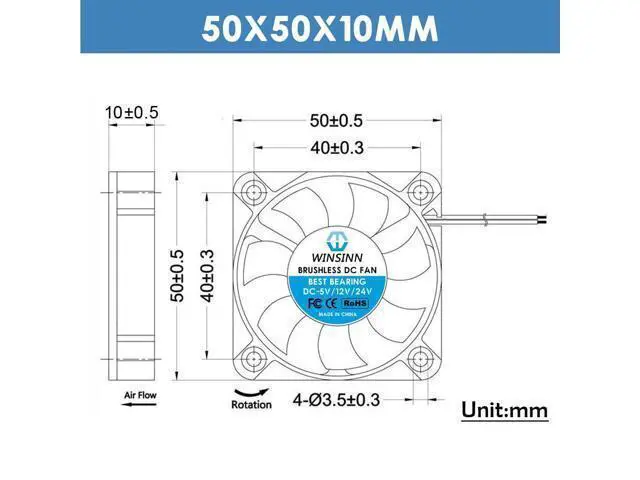Alt view image 2 of 4 - WINSINN 50mm 12V Fan - Dual Ball Bearing 6000 RPM 5010 Cooling Fan Replacement for 3D Printers/Computer Cases/Small Appliances, 30cm Cable with XH2.54-2PIN, Brushless 50x10mm (5Pcs)