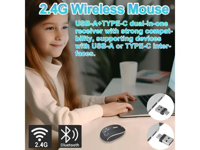 Alt view image 2 of 5 - Wireless Type-C + USB-A Mouse,Silent Portable Lightweight Small Cordless Optical Mouse Dual Interface Plug and Play 3 Buttons for Mobile Phone Tablet Laptop MacBook PC, Boy Girl Men Women Gift (Black)