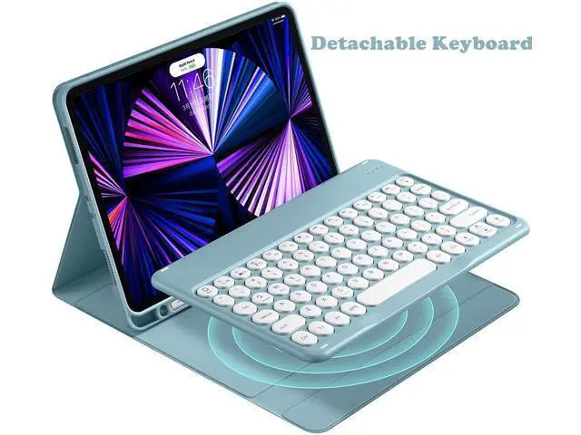 Alt view image 2 of 5 - QIYIBOCASE Cute Keyboard Case for iPad Pro 11 2022 4th/3rd/2nd Generation,Round Keys Detachable Magnets Bluetooth Keyboard Case with Pencil Holder for Girly Women(Blue)