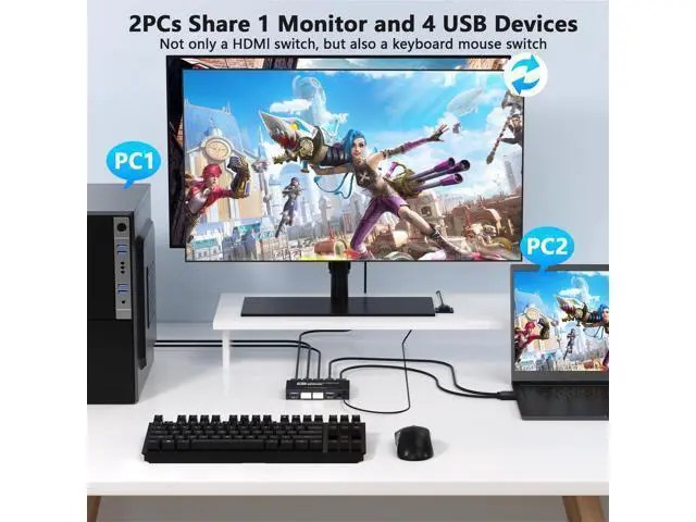 Alt view image 2 of 5 - USB 3.0 HDMI KVM Switch 1 Monitors 2 Computers, 4K@60Hz KVM Switch, USB Switch, KVM Switches for 2 Computers Sharing Monitor Keyboard Mouse Printer, Included 2 HDMI Cables 2 USB Cables and Controller