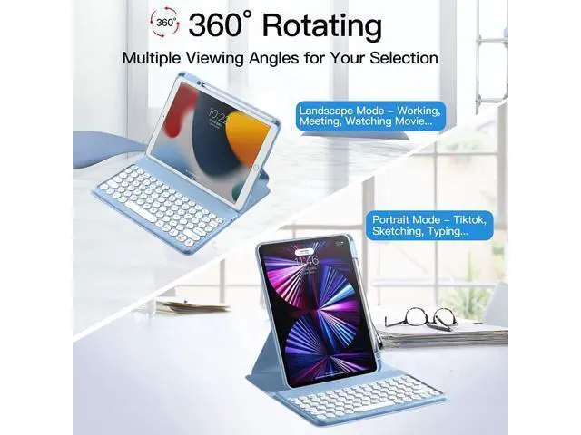 Alt view image 2 of 5 - AnMengXinLing Rotating Keyboard Case for iPad 9th /8th /7th Gen 10.2 Inch, Vertical Case with Detachable Keyboard Mouse, Clear Cover with Pencil Holder, Teal