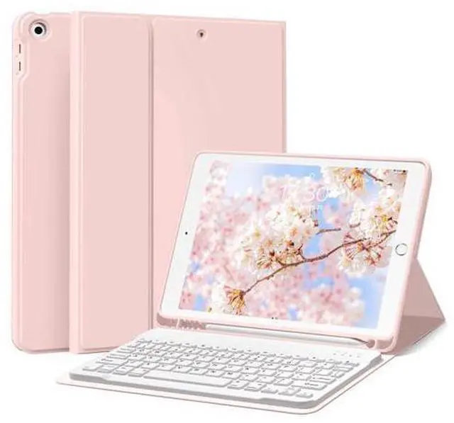 Main image of Keyboard Case for iPad 9th/8th/7th Generation 10.2 Inch 2021/2020/2019, Soft TPU Back Stand Cover Smart Case with Pencil Holder, Magnetically Detachable Wireless Bluetooth Keyboard, Pink