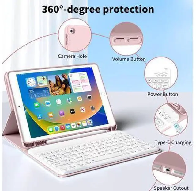 Alt view image 2 of 5 - Keyboard Case for iPad 9th/8th/7th Generation 10.2 Inch 2021/2020/2019, Soft TPU Back Stand Cover Smart Case with Pencil Holder, Magnetically Detachable Wireless Bluetooth Keyboard, Pink