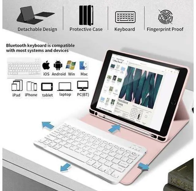 Alt view image 3 of 5 - Keyboard Case for iPad 9th/8th/7th Generation 10.2 Inch 2021/2020/2019, Soft TPU Back Stand Cover Smart Case with Pencil Holder, Magnetically Detachable Wireless Bluetooth Keyboard, Pink