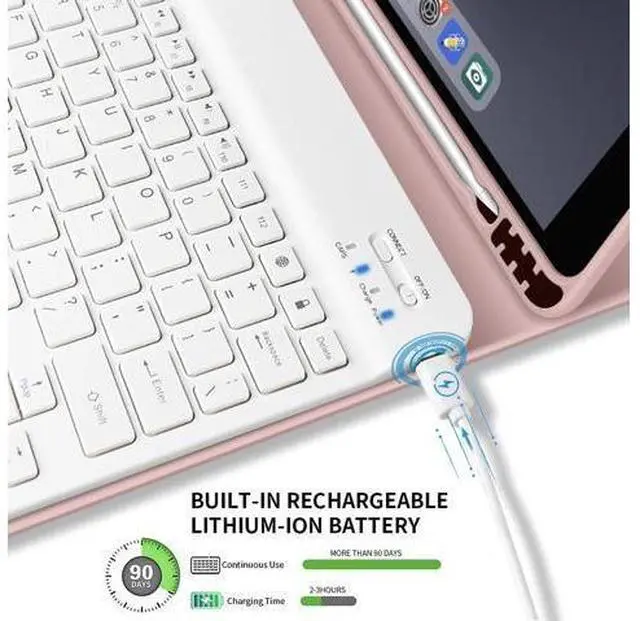 Alt view image 5 of 5 - Keyboard Case for iPad 9th/8th/7th Generation 10.2 Inch 2021/2020/2019, Soft TPU Back Stand Cover Smart Case with Pencil Holder, Magnetically Detachable Wireless Bluetooth Keyboard, Pink