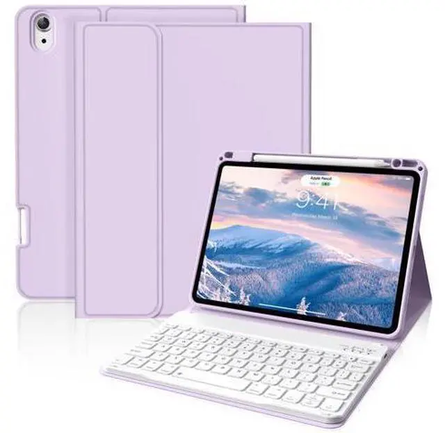 Main image of BQDIYOO Case for iPad Air 7th/6th 11-inch M3/M2 (2025/2024), iPad Air 5th/4th Generation 10.9 inch 2022/2020, Stand Folio Detachable Wireless Keyboard Soft TPU Cover with Pencil Holder, Purple