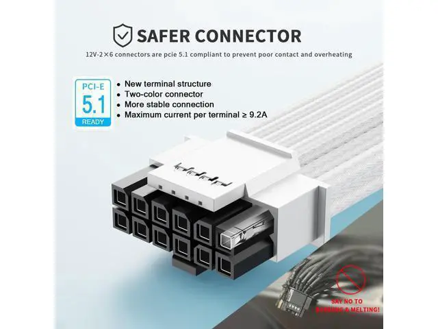 Alt view image 3 of 5 - SIRLYR 12V-2×6 PCIE 5.1 GPU Cable, 16 Pin 12VHPWR PSU Cable for ATX 3.1/3.0 Power Supply,600W Output for RTX 40/50 Series PC Setup 70cm White Nylon Braided with Alloy Wire Combs