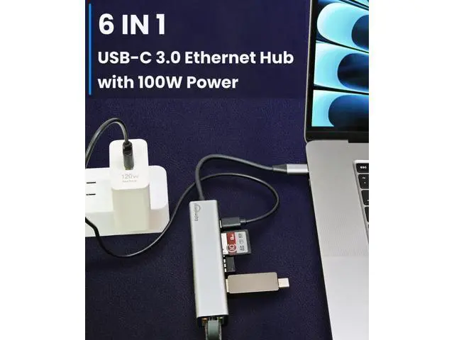 Alt view image 2 of 5 - USB-C Ethernet Adapter with 100W Charging Port & Multiport Hub - Gigabit Ethernet Adapter, 5GB USB 3.0, SD/FT for Laptops, MacBooks, Chromebooks & More