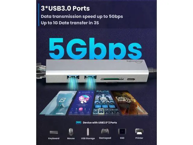 Alt view image 5 of 5 - USB-C Ethernet Adapter with 100W Charging Port & Multiport Hub - Gigabit Ethernet Adapter, 5GB USB 3.0, SD/FT for Laptops, MacBooks, Chromebooks & More