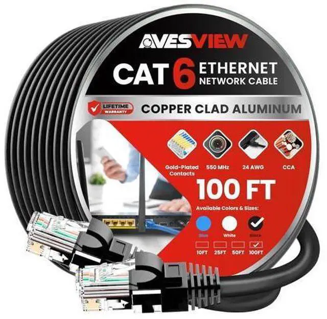 Main image of AvesView CAT 6 Ethernet Cable 100 FT, Indoor High-Speed 10Gbps Snagless Long CAT6 100ft Ethernet Cable for Internet, Router, Modem, Computer, PlayStation, Xbox, POE Camera, Printer (Black, 100 Feet)