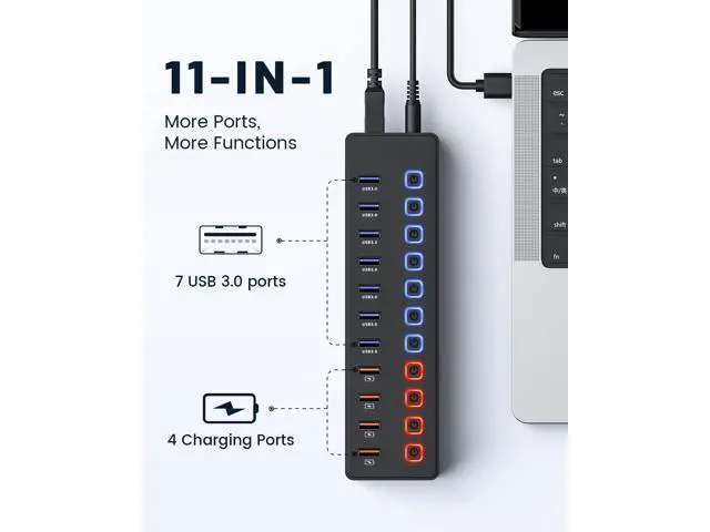 Alt view image 2 of 5 - Powered USB hub,USB hub11-Port hub Splitter (7 USB 3.0 Data Transfer Ports + 4 Smart Charging Port), Independent Switch (with LED Working Indicator) USB 3.0 Hub Powered with Power Adapter for Mac/PC