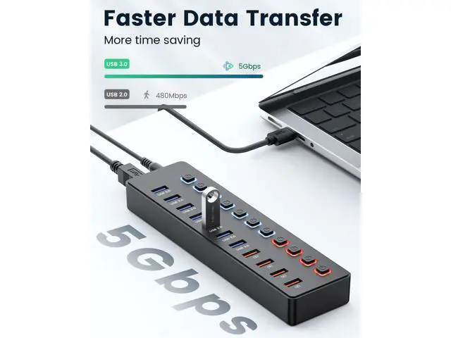 Alt view image 3 of 5 - Powered USB hub,USB hub11-Port hub Splitter (7 USB 3.0 Data Transfer Ports + 4 Smart Charging Port), Independent Switch (with LED Working Indicator) USB 3.0 Hub Powered with Power Adapter for Mac/PC