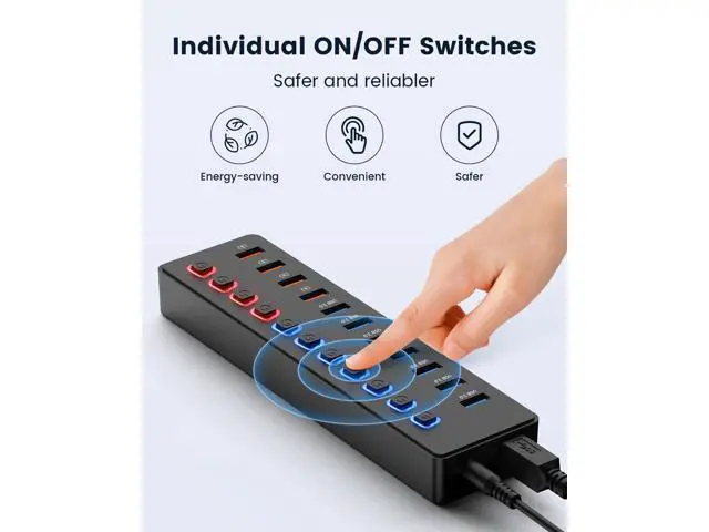 Alt view image 5 of 5 - Powered USB hub,USB hub11-Port hub Splitter (7 USB 3.0 Data Transfer Ports + 4 Smart Charging Port), Independent Switch (with LED Working Indicator) USB 3.0 Hub Powered with Power Adapter for Mac/PC