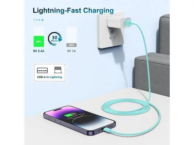 Alt view image 4 of 5 - 3 Pack Apple MFi Certified Charger Cable 3ft, Lightning to USB Cable Cord 3 Foot, 2.4A Fast Charging,Apple Phone Long Chargers for iPhone 13/12/11/11Pro/11Max/ X/XS/XR/XS Max/8/7/6 Light Blue