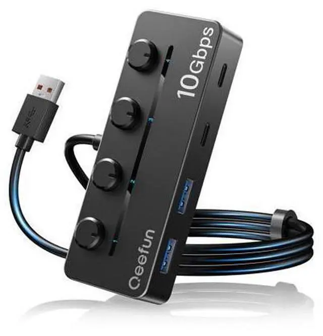 Main image of Qeefun 4-Port USB 3.2 Hub with 2 USB-C and 2 USB-A Ports, Individual LED Power Switches,10Gbps Data Transfer USB Splitter with 4ft Extension Cable, Multiple USB Extender for Laptop, PC, iMac etc