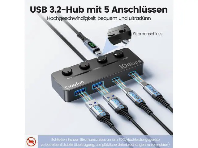 Alt view image 2 of 5 - Qeefun 4-Port USB 3.2 Hub with 2 USB-C and 2 USB-A Ports, Individual LED Power Switches,10Gbps Data Transfer USB Splitter with 4ft Extension Cable, Multiple USB Extender for Laptop, PC, iMac etc