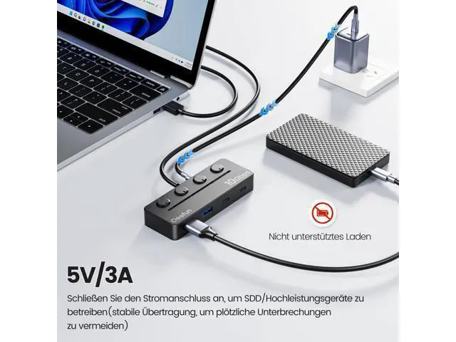 Alt view image 3 of 5 - Qeefun 4-Port USB 3.2 Hub with 2 USB-C and 2 USB-A Ports, Individual LED Power Switches,10Gbps Data Transfer USB Splitter with 4ft Extension Cable, Multiple USB Extender for Laptop, PC, iMac etc