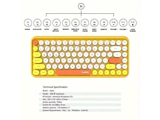 Alt view image 2 of 3 - DAIDAI 84 Key Retro Bluetooth Keyboard with Cute Round Keycap | Portable Typewriter Style Wireless Keyboard for Children PC, Computer, Laptop, iPad, Android (Colorful-Yellow)