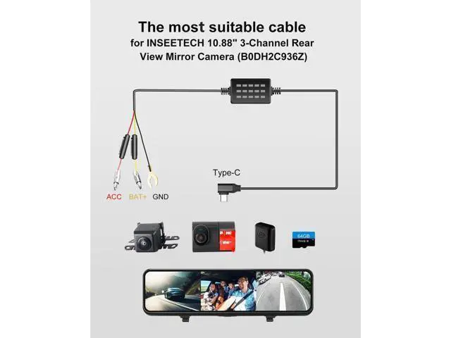 Alt view image 3 of 5 - Mirror Dash Cam Hardwire Kit for INSEETECH 10.88" 3-Channel Mirror Dash Cam, 24H Parking Mode Monitoring, 12-24V to 5V, Mini USB, Low Voltage Protection to Prevent Battery Power Outages