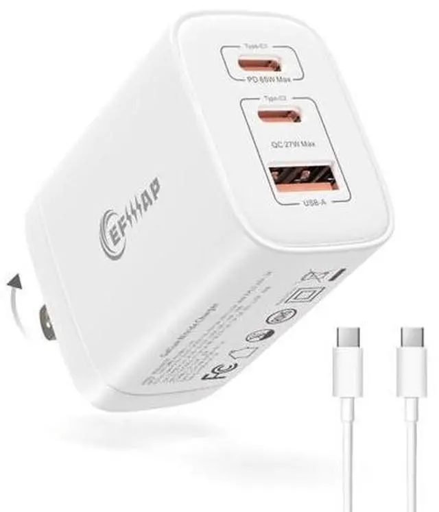 Main image of EFIIIAP 65W USB C Charger Block, 3-Port Foldable Type c Fast Charging for MacBook Air MacBook Pro 14 15 16 17, iPhone 17/16/15/14, Galaxy S25/S24/S23, iPad, AirPods & More(1Pack with Cable)