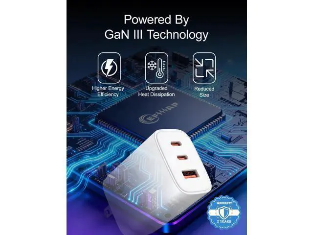 Alt view image 5 of 5 - EFIIIAP 65W USB C Charger Block, 3-Port Foldable Type c Fast Charging for MacBook Air MacBook Pro 14 15 16 17, iPhone 17/16/15/14, Galaxy S25/S24/S23, iPad, AirPods & More(1Pack with Cable)