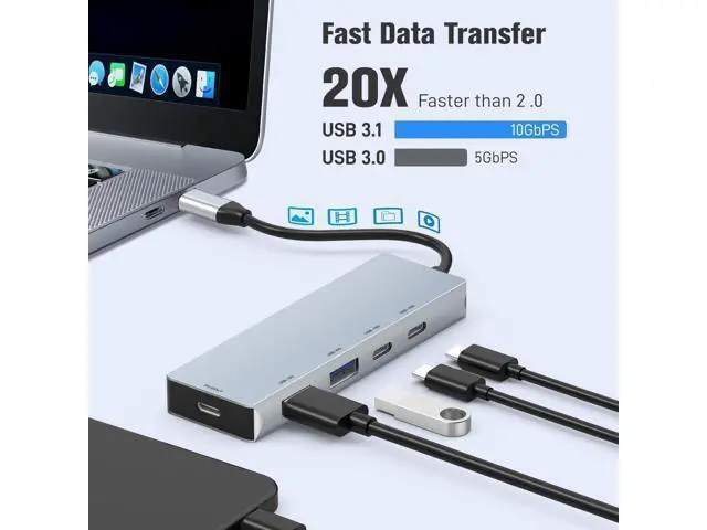 Alt view image 3 of 5 - Leinsis USB 3.2 Hub 10Gbps, 2 USB-C 3.2 and 2 USB-A 3.2,PD 100W Fast Charging for MacBook Pro, MacBook Air, Acer Laptops, HP Laptops, iPad Pro More.(Frosted Silver)