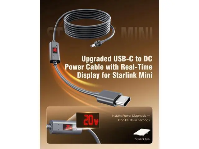 Alt view image 2 of 5 - Starlink Mini USB-C to DC Power Cable Smart PD Chip & 18AWG Copper Wire with Voltage & Current Display for Fast Troubleshooting, Waterproof Accessories for Home, RV & Outdoor Camping (3m/9.8ft)