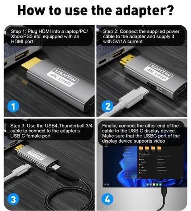 Alt view image 2 of 5 - UANTIN HDMI to USB C Adapter (4K 60Hz) Uni-Directional HDMI (Source) to Type-C (Display) Male to Female Compatible with Laptop,PS5,XR/AR Glasses,Portable Monitor, Not Charging The Device