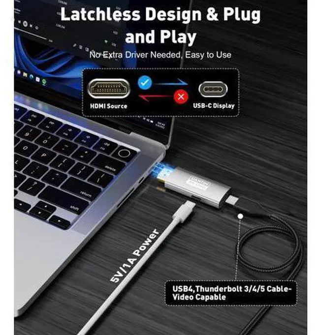 Alt view image 5 of 5 - UANTIN HDMI to USB C Adapter (4K 60Hz) Uni-Directional HDMI (Source) to Type-C (Display) Male to Female Compatible with Laptop,PS5,XR/AR Glasses,Portable Monitor, Not Charging The Device