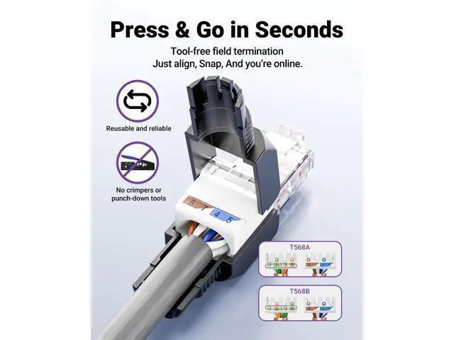 Alt view image 2 of 4 - VCELINK CAT6 Tool-Free RJ45 Connector, No-Crimp Compact UTP Reusable Plug for Field Termination for 23-26 AWG Ethernet Cables, 1000 Mbps