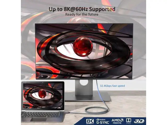 Alt view image 2 of 5 - QCEs USB C to DisplayPort 1.4 Cable 10Ft, Type C to DP Cable 8K@60Hz 4K@144Hz 2K@240Hz Compatible with Thunderbolt 3/4 USB4, MacBook Pro M1 M2, Mac Studio, Mac mini, iPad Pro, XPS