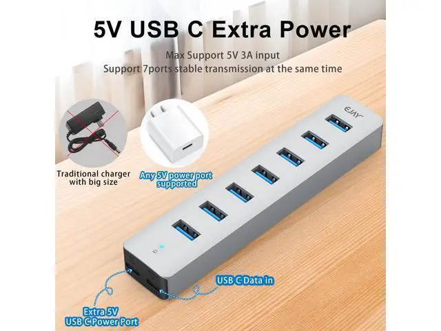 Alt view image 3 of 5 - EJAY 7-Port USB 3.0 Hub for PC with Power Adapter, Aluminum USB Splitter 5Gbps Data Transfer, 3.3ft Data & Power Cables for Laptop, Mac, Windows, Linux