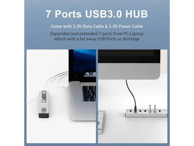 Alt view image 2 of 5 - EJAY 7-Port USB 3.0 Hub for PC with Power Adapter, Aluminum USB Splitter 5Gbps Data Transfer, 3.3ft Data & Power Cables for Laptop, Mac, Windows, Linux